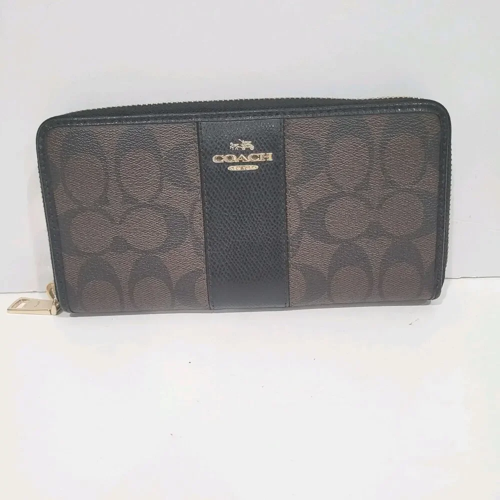 Coach Leather Wallet Black Brown Zip Around Large Clutch Crossgrain Classic Fair